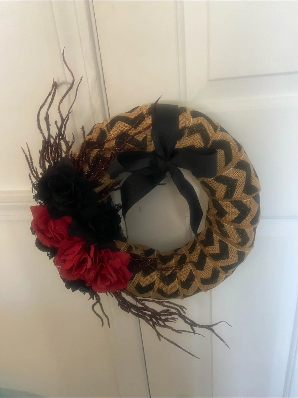 Handcrafted Red & Black Floral Headband with Chevron Burlap